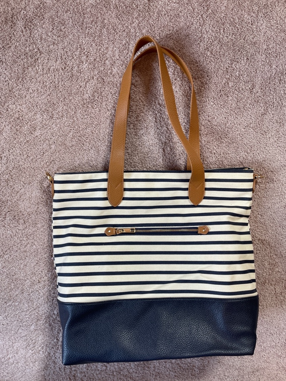 Striped Canvas & Faux Leather Tote Bag with Tan Handles